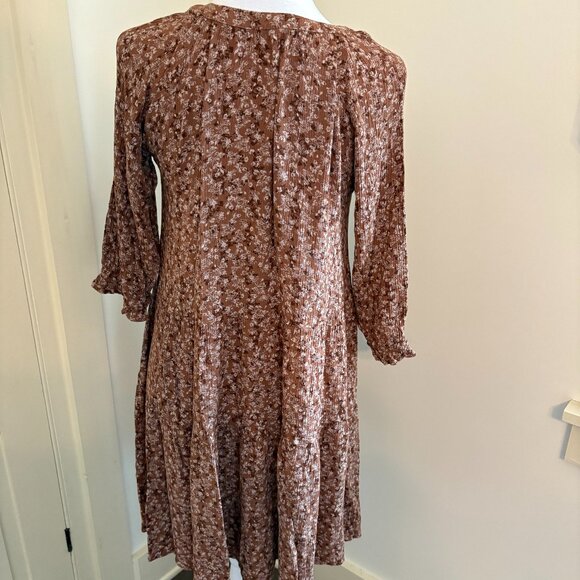 Brown Crinkle Textured Boho Chic Floral Dress by BE COOL, Size Medium - Picture 3 of 11